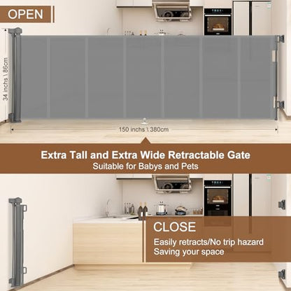 Miumoon 150 inch Reinforced Retractable Baby Gates 34 inch Tall - color: Gray, size: 34" Tall x 150" Wide