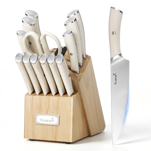 KUISINE Upgraded Knife Set High Carbon Stainless Steel Super Sharp Blade Ergonomic Rivet Handle,Knife Block Set with Built-in Sharpener(Ivory Acacia Pro,15PCS) - color: Ivory Pro Max