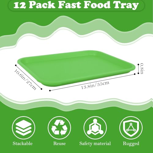 Fast Food Tray,12 Pack Plastic Serving Tray, Restaurant & Cafeteria Tray for Kitchen, Coffee Table, Party, Durable Non-Slip Black Food Trays, Reusable & Stackable,13.8x10.5 Inch (Green)