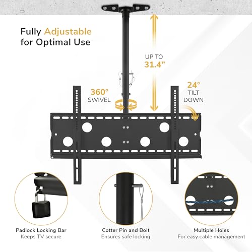 Mount-It! Ceiling TV Mount for 32–86 Inch LCD LED OLED TVs – Hanging Full Motion Swivel, Tilt & Height Adjustable Bracket – 175 lb, VESA 800x450 – Home, Gym, Patio, Restaurant & Commercial Use - size: Medium Single