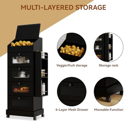 ARTETHYS Potato Storage Bin 5-Tier Rolling Black Bread Box with Side Rack - color: Black
