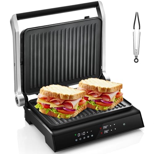 COSTWAY Electric Panini Press Grill, Gourmet Sandwich Maker with Tongs