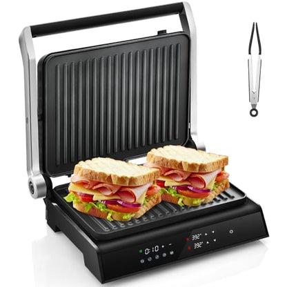 COSTWAY Electric Panini Press Grill, Gourmet Sandwich Maker with Tongs