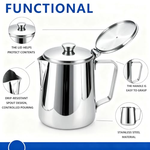 Stainless Steel Milk Frothing Pitcher with Lid 350ml, Coffee Frother Cup for Espresso Cappuccino Latte Hot Chocolate, Dripless Pour Spout Ergonomic Handle for Home Office Cafe Kitchen