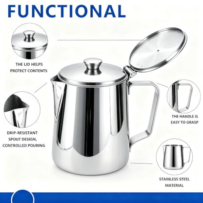 Stainless Steel Milk Frothing Pitcher with Lid 350ml, Coffee Frother Cup for Espresso Cappuccino Latte Hot Chocolate, Dripless Pour Spout Ergonomic Handle for Home Office Cafe Kitchen