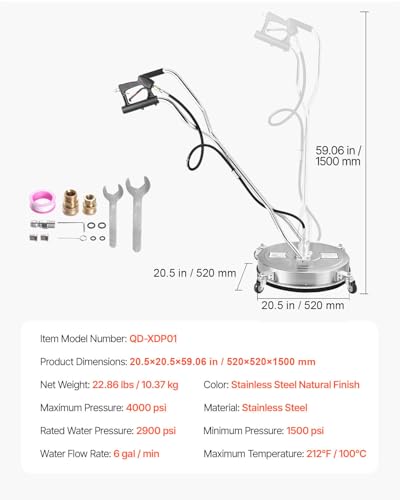 VEVOR 20 Inch Pressure Washer Surface Cleaner, 4000 PSI Stainless Steel Attachment with 4 Wheels, 2 Nozzles, 3/8 Inch Quick Connect and Dual Handle for Concrete, Patio, Sidewalk - size: 20 Inch w/ Handle & Wheels