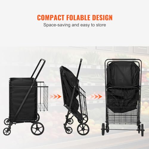 VEVOR Folding Shopping Cart with Removable Waterproof Liner, 330LBS Large Capacity Jumbo Grocery Cart with Dual Basket, 360° Swivel Wheels, Dense Metal Mesh Base, Heavy Duty Utility Cart for Shopping - size: Jumbo