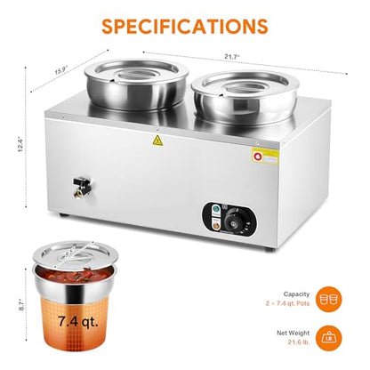 WILPREP Commercial Food Warmer with Two 7.4 QT Inserts, 1500W Countertop Electric Steam Table, 86-185°F Adjustable Temp Control & Over-Temp Protection, Stainless Steel - size: 7L*2