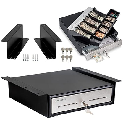 Cash Register Drawer with Under Counter Mounting Bracket - 13" Black Cash Drawer for POS, Stainless Steel Front, 4 Bill 5 Coin, Fully Removable 2 Tier Cash Tray, 12-24V RJ11/RJ12 Key-Lock - color: Black and Stainless Steel, size: 13" - 4 Bill 5 Coin with