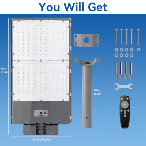 10500W Solar Street Lights Outdoor, 650000LM 7000K Solar Parking Lot Lights Dusk to Dawn 40000mAh IP67 Waterproof Pole Security Flood Lamps with Motion Sensor and Remote for Yard, Garage, Driveway - size: 136A-L