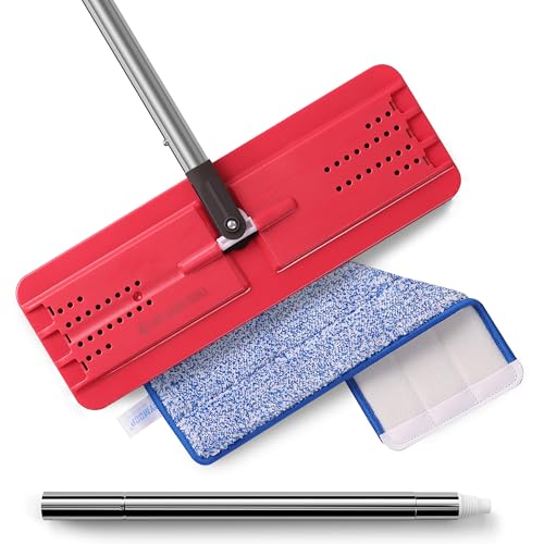 JOYMOOP Flat Mop Replacement Set, Microfiber Cleaning Tool with 60" Handle and Flexible 13" Head, Black & Red, for Floor and Wall Cleaning - color: K