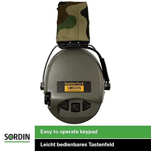 Sordin Pro-X Ear Muffs - Active and Electronic Ear Defenders w/Camo Headband - Gel Pads - Earmuffs for Hunting & Shooting - color: Olive