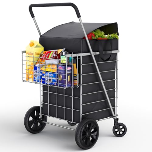 Our Modern Space Shopping Cart w/Waterproof Basket Liner & 360° Swivel Wheels | Foldable Collapsible & Lightweight | Perfect for Groceries Laundry Utility Cart - Silver - color: Silver, size: Extra Large