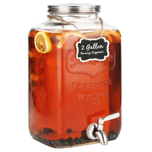 2 Gallon Glass Drink Dispenser - Stainless Steel Leakproof Spigot and Lid, Beverage Glass Drink Dispensers for Parties, Water Beverage Dispenser Liquid Laundry Detergent Dispenser - size: 2 Gallon No Stand