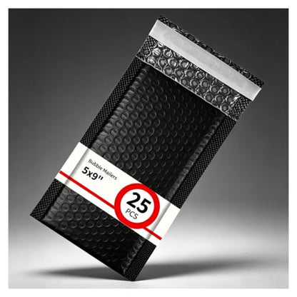 25 Pack 5" x 9" Usable Size Bubble Mailers, Black Padded Envelopes with Self Seal Closure, Poly Bubble Envelopes for Jewelry, Accessories, Makeup, Cards and Small Items - size: 5" x 9" (Usable Size) - 25 Pack