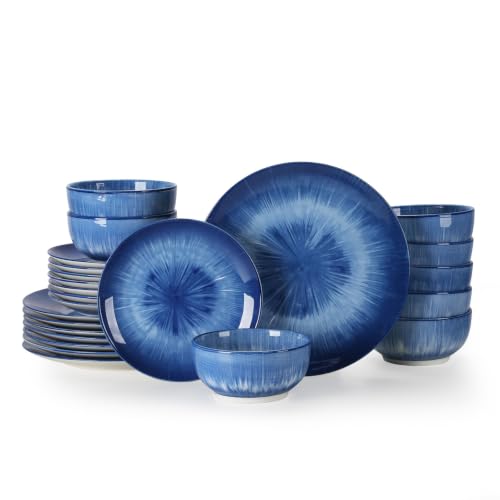 Sweejar Ceramic Dinnerware Service of 8,24 pcsPlate and Bowls for Kitchen - color: Blue, style: Service for 8 (24PCS)