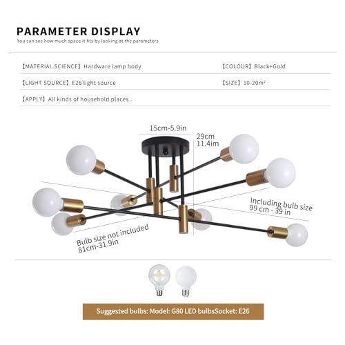 Garwarm 8-Light Black and Gold Sputnik Ceiling Light,Mid Century Semi Flush Mount Sputnik Chandelier Industrial Ceiling Lamp for Kitchen Dining Room Bedroom Foyer Entryway Hallway - color: 8-Lights,Black and Gold-2