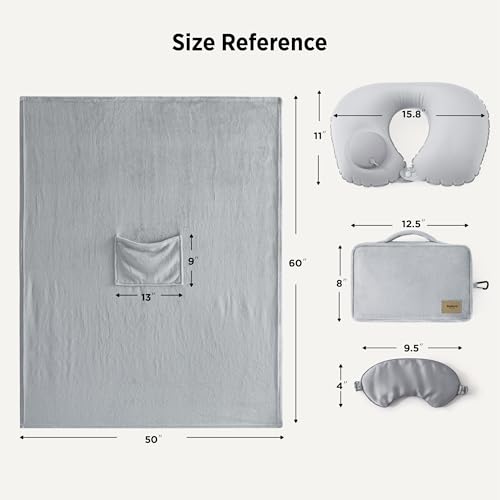 Bedsure Travel Blanket Set with Inflatable Neck Pillow and Eye Mask, Grey - color: Grey