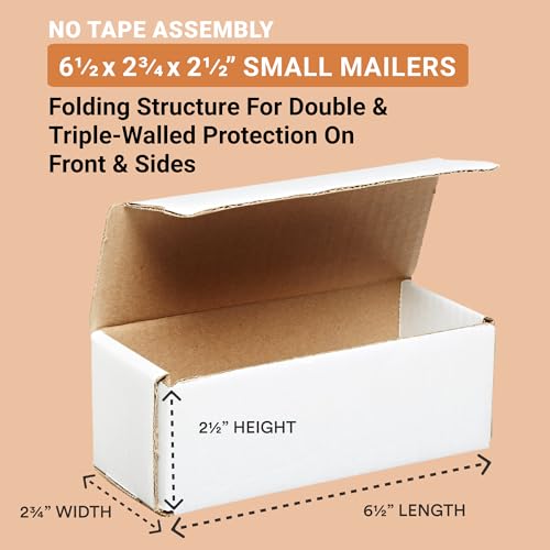 BOX USA White Mailer Boxes 6.5x2.75x2.5 for Shipping, 50-Pack - size: 6 1/2x2 3/4x2 1/2" 50-Pack White