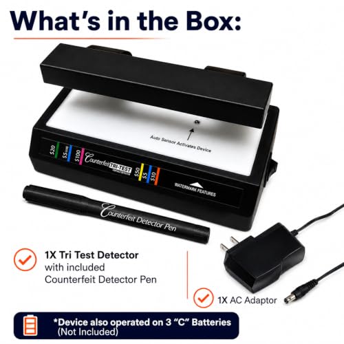 Dri Mark Tri Test - Counterfeit Bill Detector Machine w/AC Adapter - 3 Tests in 1 - Paper, Security Strip and Watermark Tests, Accurate Money Tester Machine with Counterfeit Detection Pen - style: 1 Tri Test