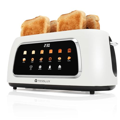Tesslux 4 Slice Toaster, Touchscreen, 1.5" Long Wide Slot, 1300W, White - color: White