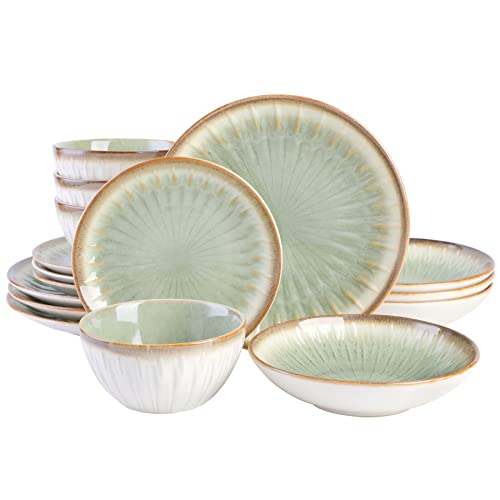 Gibson Elite Mayfair Bay 16-Piece Embossed Double Bowl Dinnerware Set, Service for 4 – Green Stoneware Plates and Bowls - color: Light Green (Mayfair Bay)