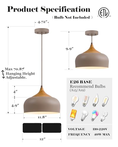 ELYONA 12" Japandi Pendant Light, Farmhouse Pendant Light Fixture with Faux Pine Wood Grain Metal Shade, Adjustable Hanging Light for Kitchen Island Dining Room Bedroom Sloped Ceiling, Caramel Brown - color: Caramel Brown