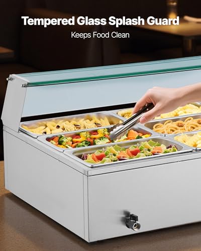 VEVOR Commercial Food Warmer, 1500W Electric Stainless Steel Steam Food Warmer with Glass Cover, 9-Pan Countertop Buffet Bain Marie with Soup & Perforated Ladles, for Catering, Restaurant & Party - size: 9x1/3Pan;72QT
