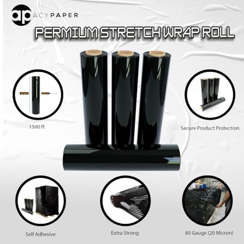 18" Black Stretch Wrap - 1500 Feet, 4 Rolls/Box, 80 Gauge | Durable Industrial Pallet Wrap for Moving, Packing, and Storage by ACYPAPER