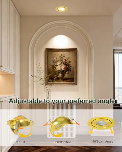 ZYC Gimbal LED Recessed Lighting - 4 Inch 5CCT 9W 360° Rotation Adjustable Eyeball Light,LED Swivel Spotlight,Directional Sloped Ceiling Light,Dimmable Canless Wafer Downlight Pack of 6 Gold. - color: Gold, size: 4 INCH || 6 PACK