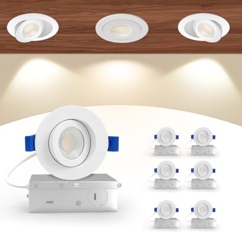 Aosclex 6 Pack 3 Inch Adjustable Gimbal 5CCT Recessed LED Light 7W 800LM - color: White-3inch, size: 6 Pack