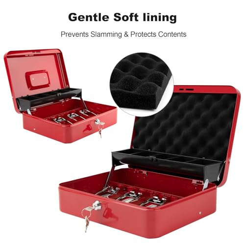 Cash Box with Key Lock & Foam Auto-Pop Coin Tray – Secure Steel Money Box with 4 Upgraded Finger-Safe Bill Clips, Premium Smooth Scratch-Resistant Coating, 11.8"L x 9.5"W x 3.5"H, KL Red - color: KL Red