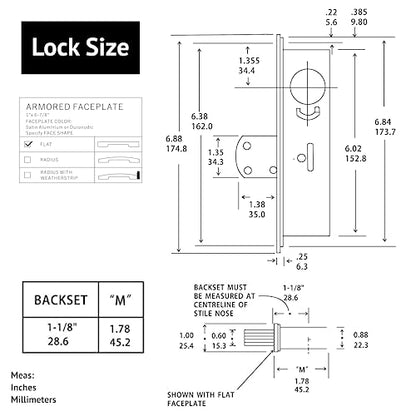 elox Swinging Narrow Stile Aluminum Door Mortise Deadbolt Lock, Swinging Deadbolt, 1-1/8" Backset, w/Aluminum & Bronze Duronodic Finish faceplate, Without Cylinder and Without Keys - color: Silver
