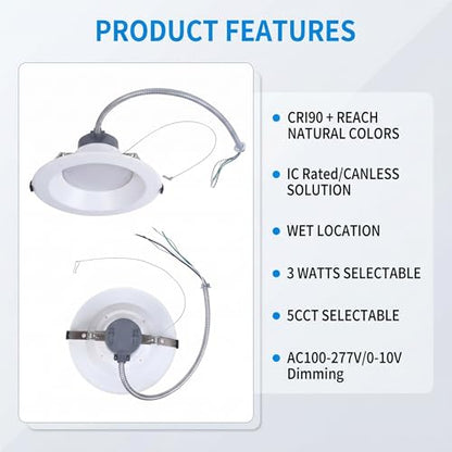 6 inch Commercial Canless LED Downlight, Wattage Adjustable 10/15/22W, 0-10V Dimmable Recessed Ceiling Light Fixture, 5 CCT 2700K-5000K, 120-277V IC Rated UL & Energy Star (1 Pack)