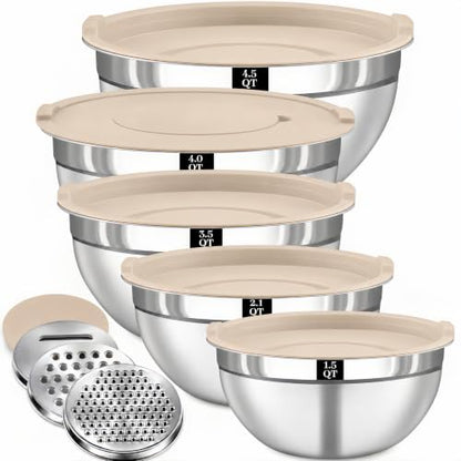 8PCS Stainless Steel Mixing Bowls with Lids - 5PCS Nesting Bowls, 3 Grater Attachments for 4.0 QT Bowl, Stainless Steel Mixing Bowls for Mixing & Serving, Size 1.5/2.1/3.5/4/4.5 QT, Khaki
