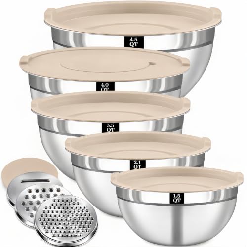 8PCS Stainless Steel Mixing Bowls with Lids - 5PCS Nesting Bowls, 3 Grater Attachments for 4.0 QT Bowl, Stainless Steel Mixing Bowls for Mixing & Serving, Size 1.5/2.1/3.5/4/4.5 QT, Khaki