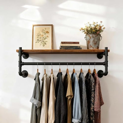 WEBI Wall Mounted Clothes Rack with Shelf,36" Industrial Pipe Clothing Rack with Shelf with Hanging Rod,Heavy Duty Iron Garment Rack Bar,Retail Display Clothes Rod for Laundry Room,Closet,Black - color: Black, size: 36 Inch