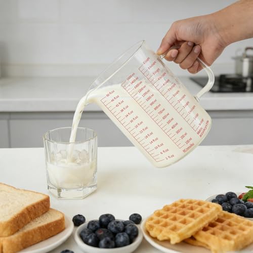 BCnmviku Glass Measuring Cup 6CUPS/1500ML/50OZ High Borosilicate [Insulated Handle | V-Shaped Spout]For Prepping Baking and Cooking Preheated Oven Dishwasher Freezer and Microwave Safe - size: 1500ML