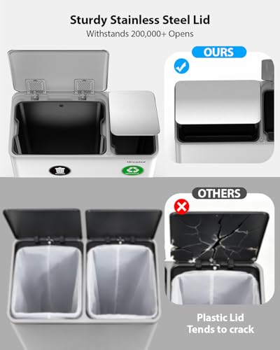 Lovewind Dual Trash Can, 14 + 6 Gallon Garbage Can for Kitchen Dual Compartment Recycling Kitchen Step Trash Bin, Stainless Steel Trash and Recycle Bin Combo with Soft-Close Lid, White - color: White, size: 14 + 6 Gallon
