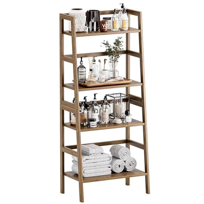 HITNET Ladder Shelf, 4-Tier Bamboo Bookshelf, Freestanding Open Display Storage Rack, Space Saving Flower Plant Display Stand for Bathroom Living Room, Walnut - color: Walnut