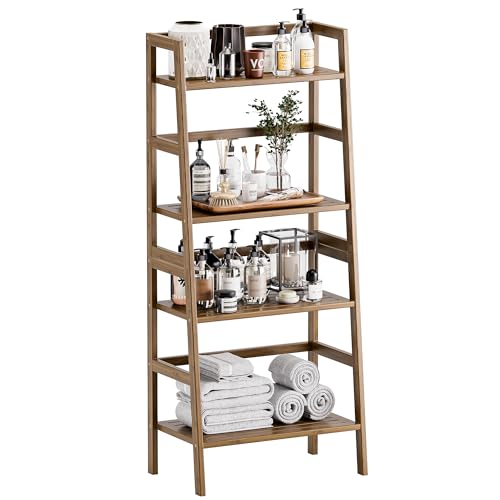 HITNET Ladder Shelf, 4-Tier Bamboo Bookshelf, Freestanding Open Display Storage Rack, Space Saving Flower Plant Display Stand for Bathroom Living Room, Walnut - color: Walnut