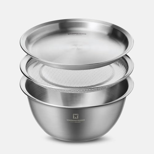 WAGENSTEIGER 3-Piece Stainless Steel Mixing Bowl Set with Strainer & Oil Drain Tray – Nesting Prep & Baking Bowls with Measurement Marks (8.66 in) - size: 8.66 in