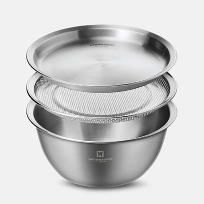 WAGENSTEIGER 3-Piece Stainless Steel Mixing Bowl Set with Strainer & Oil Drain Tray – Nesting Prep & Baking Bowls with Measurement Marks (8.66 in) - size: 8.66 in