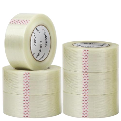CHUANGSEED 6-Pack Mono Filament Strapping Tape 6.2mil x 2Inch x 60yds Commodity Grade Heavy Duty Transparent Reinforced Fiberglass Tape - size: Mono 2" x 60y 6-Pack
