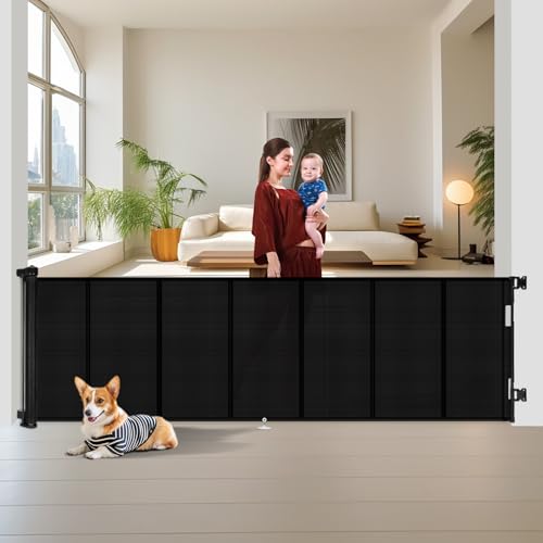 Miumoon 150 inch Reinforced Retractable Baby Gates 34 inch Tall - color: Black, size: 34" Tall x 150" Wide