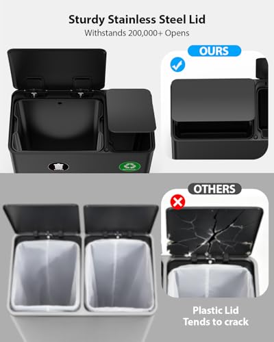 Lovewind Dual Trash Can, 14 + 6 Gallon Garbage Can for Kitchen Dual Compartment Recycling Kitchen Step Trash Bin, Stainless Steel Trash and Recycle Bin Combo with Soft-Close Lid, Black - color: Black, size: 14 + 6 Gallon
