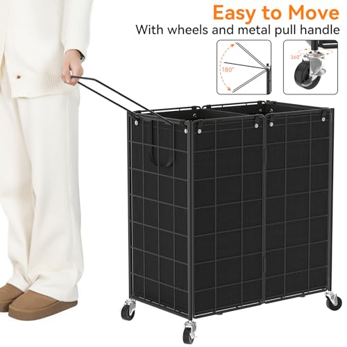 WOWLIVE Double Laundry Hamper with Wheels, Metal Rolling Laundry Basket - color: Black, size: 120l