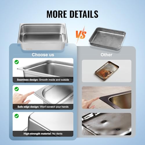 VEVOR 6 Pack Hotel Pans, Full Size 0.8mm Thick 6-Inch Deep Commercial Stainless Steel Restaurant Steam Table Pan, Catering Storage Food Pan, for Industrial & Scientific - size: 1/1 Size, style: 6 Inch Deep Thickened