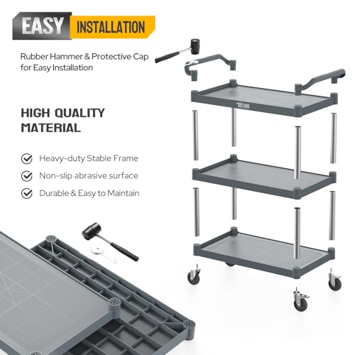 TUFFIOM Plastic Service Utility Cart with Wheels,Heavy Duty 450lbs Capacity, 3-Tier Commercial Rolling, Ideal for Restaurant, Foodservice, Office, Warehouse, Gray 39.8''L x 19.1''W x 38.4''H - size: Gray 39.8''L x 19.1''W x 38.4''H
