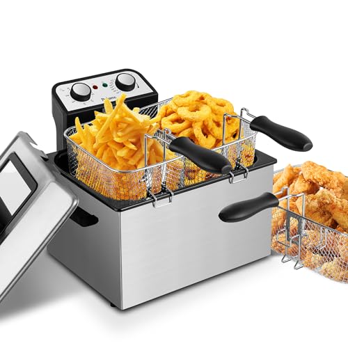 SUSTEAS Deep Fryer, 3 Baskets Electric Oil Fryer with 4.5QT/5L,1800W Timer Control Adjustable Temperature, Lid with Viewing Window and Odor Free Filter, Stainless Steel, Perfect for Kitchen,Fry Fries - size: 5.0L